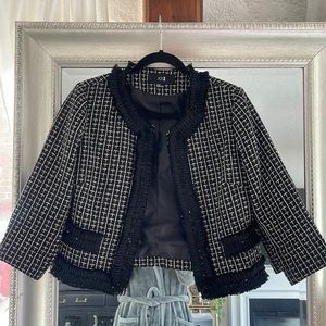 Classic Cropped Black Tweed Jacket with Ruffle Detailing